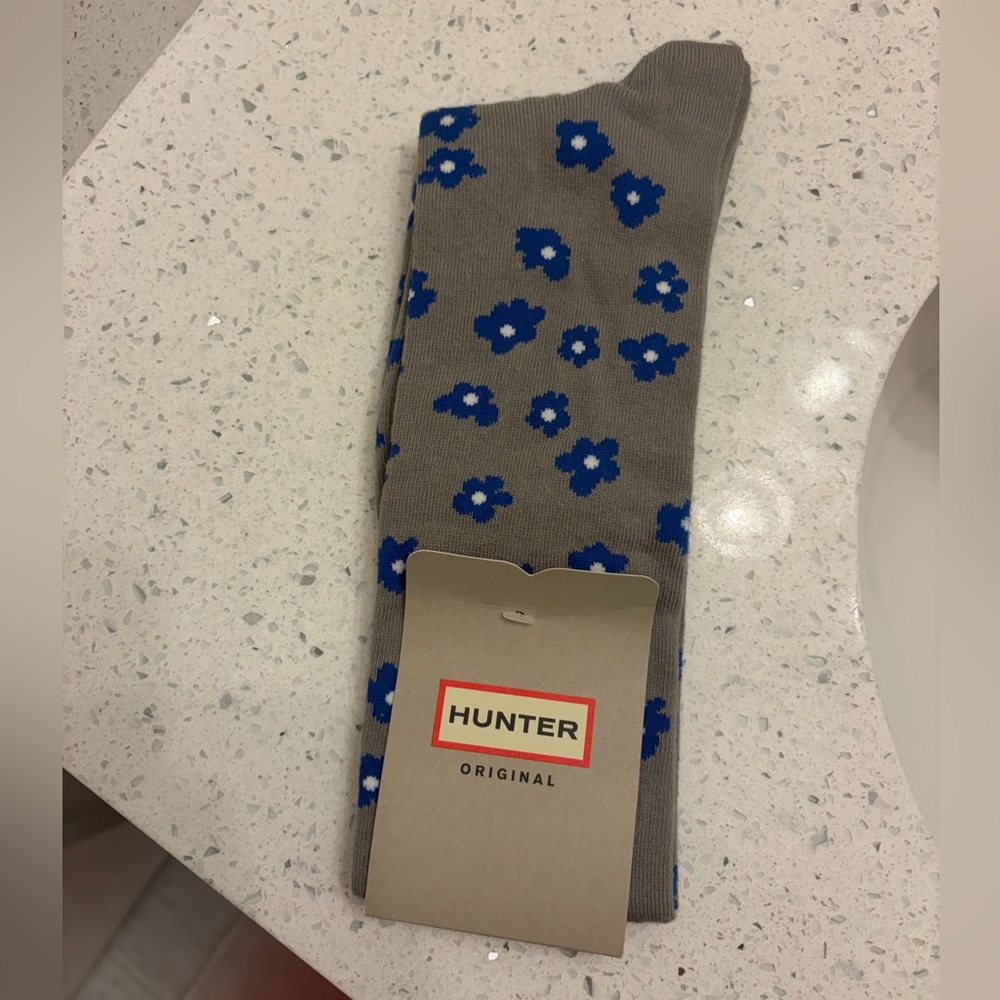 Hunter Gray Crew Socks with Blue Floral Print